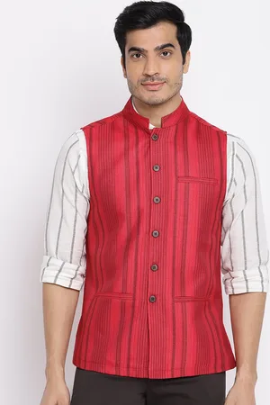 Fabindia Men Red Striped Dobby Nehru Jacket