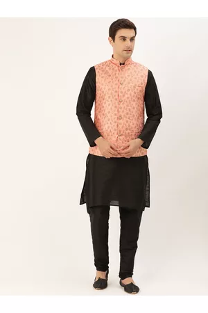 SOJANYA Men Black & Peach-Coloured Solid Kurta with Churidar & Nehru Jacket