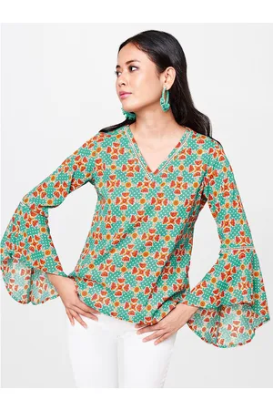 Global Desi Women Teal Green & Magenta Printed Pure Cotton Top