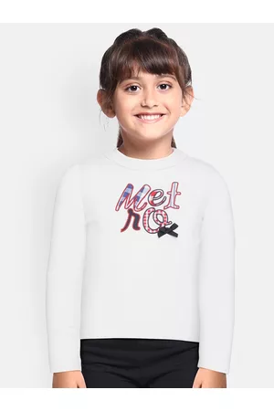 METRO KIDS COMPANY Girls White Organic Cotton Self Design Round Neck T-shirt