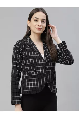 Cottinfab Women Black & White Checked Open Front Blazer