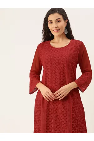 SWAGG INDIA Women Red Embroidered Chikankari Georgette Kurta