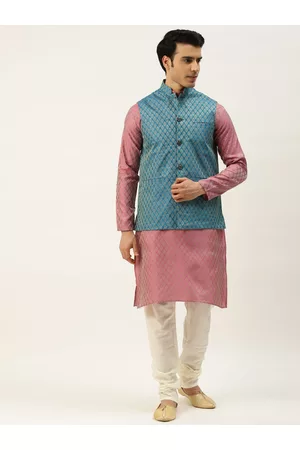 SOJANYA Men Pink & Golden Self Design Kurta with Churidar & Nehru Jacket