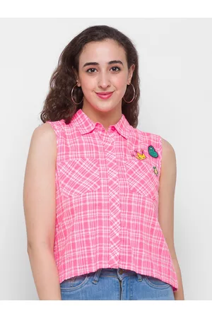 Globus Women Pink Checked Pure Cotton Shirt Style Top