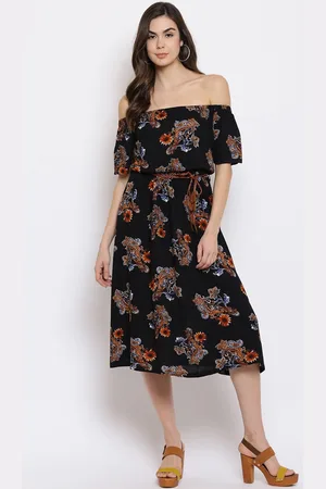 Mayra Women Black Floral Off-Shoulder Midi Dress