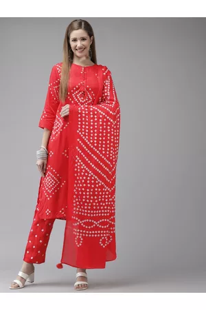 Ishin Women Red Bandhani Printed Regular Art Silk Kurta with Trousers & With Dupatta