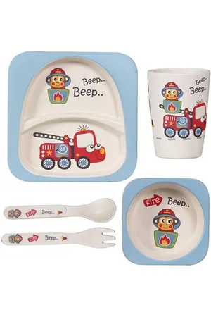 Baby Moo Kids Blue Car Bamboo Fiber Dinner Set