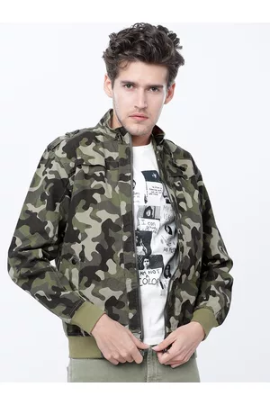 Highlander Men Olive Green & Beige Camouflage Bomber Jacket