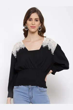 Scouph Women Black Lace Insert With Smocked Waist Empire Top