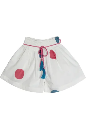 My Little Lambs Girls Off-White & Blue Polka Dot Printed Loose Fit Regular Shorts