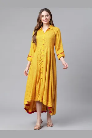 Rangriti Women Mustard Yellow Floral Ethnic A-Line Maxi Dress