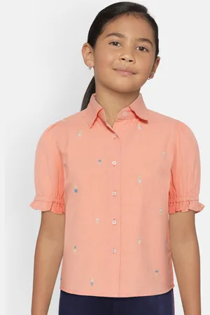 Scouph Girls Peach-Coloured & White Floral Embroidered Cotton Shirt Style Top