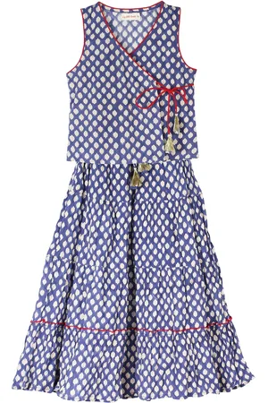 My Little Lambs Girls Blue & White Ready to Wear Lehenga with Blouse
