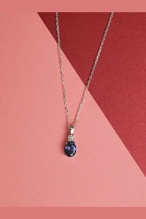 CLARA Rhodium Plated & Blue Cubic Zirconia Studded 925 Sterling Silver Pendant with Chain