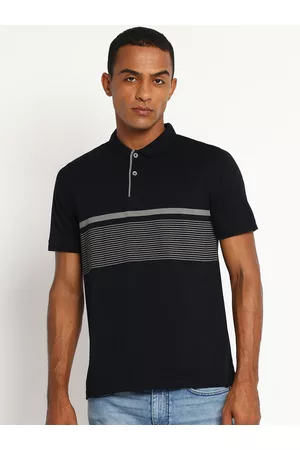 Lee Men Black & White Striped Polo Collar Slim Fit T-shirt