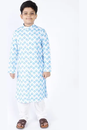 TABARD Boys Blue & White Ethnic Motifs Printed Pure Cotton Kurta with Pyjamas
