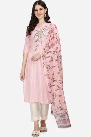Berrylicious Women Pink Floral Embroidered Thread Work Pure Cotton Kurta with Trousers & With Dupatta