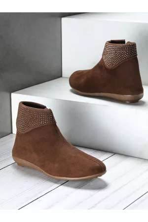 SHEZONE Women Brown Printed Flat Boots