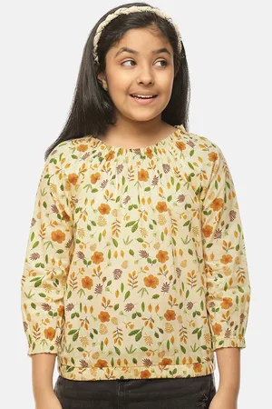 CACA CINA Beige & Yellow Floral Printed 100% Cotton Blouson Top