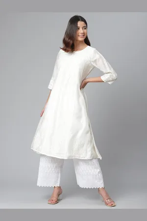 akheri Women Off White Ethnic Motifs Chikankari Mukaish A-line Kurta comes with Inner