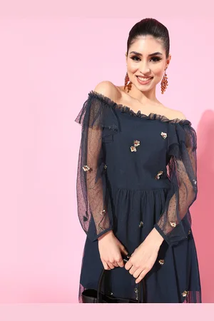 Scouph Navy Blue Self Design Tulle Dress