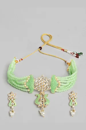Kord Store Women Green & Gold-Plated Moti Rani Haar Collar Necklace Set