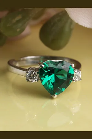CLARA Rhodium-Plated Green & Silver-Toned Cubic Zirconia Adjustable Finger Ring
