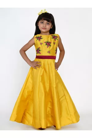 Bhama Girls Yellow Embroidered Fit and Flare Dress