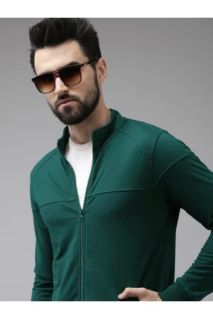 Arrow Men Green Solid Knitted Front-Open Sweatshirt