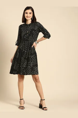Anouk Black Geometric Printed Flared Dress
