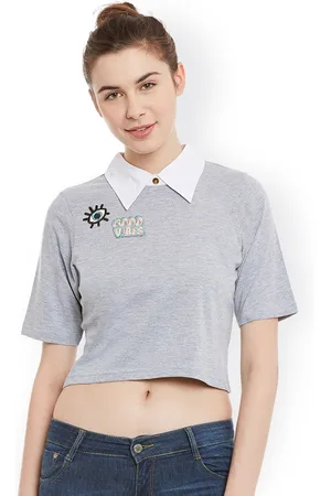 Miss Chase Women Grey Solid Shirt-Style Crop Pure Cotton Top