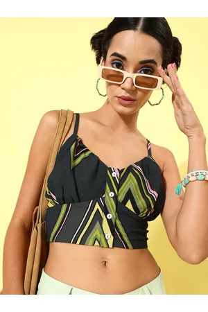 KASSUALLY Women Charcoal Grey & Green Geometric Print Crop Top