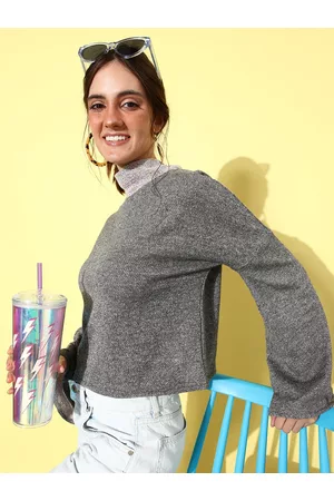 ATHENA Women Grey Woollen Pullover with Fuzzy Detail