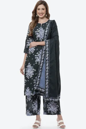 Biba Women Black Floral Printed Pure Cotton Kurta with Palazzos & With Dupatta