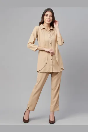 Cottinfab Women Beige Solid Shirt with Trousers