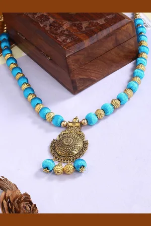 Akshara Clothing Sky Blue Silk Threaded Handcrafted Pendent Necklace