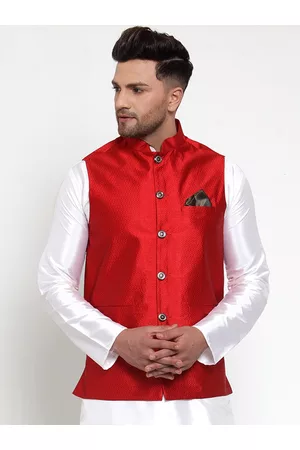 Jompers Men Maroon Woven Design Nehru Jacket