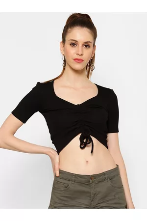 KASSUALLY Women Black short sleeve drawstring crop Top