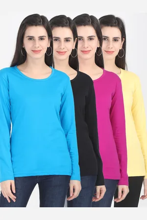 Fleximaa Women Magenta & Blue Set Of 4 Cotton T-shirt