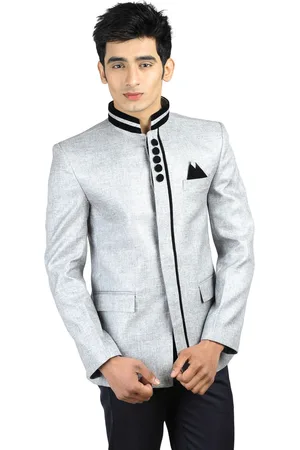 Wintage Men Silver Single-Breasted Tailored Fit Ethnic Bandhgala Blazer