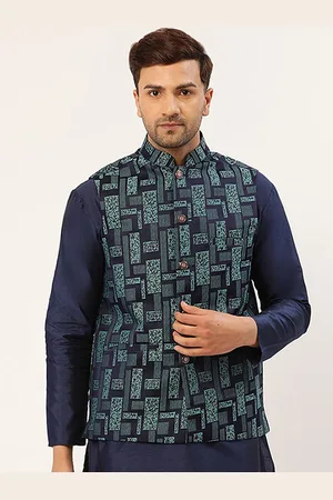 Jompers Men Navy Blue & Sea Green Woven Nehru Jacket