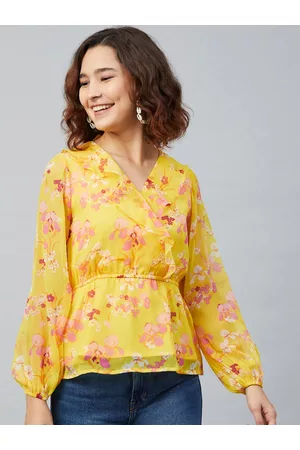 Rare Fashion Women Yellow Floral Printed Puff Sleeves Chiffon Cinched Waist Top