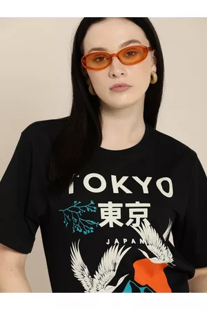 Difference of Opinion Women Black Printed Oversized Pure Cotton T-shirt