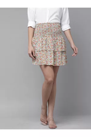 Rare Fashion Women White & Blue Floral Print Smocked Mini Skirt