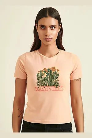 COVER STORY Women Peach-Coloured Typography Printed T-shirt