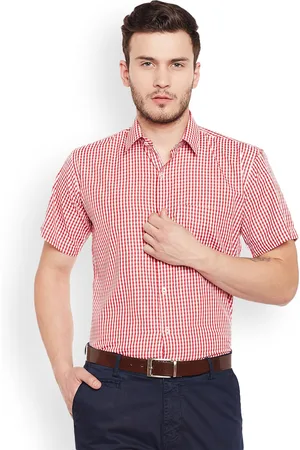 HANCOCK Men Red & White Slim Fit Checked Formal Shirt