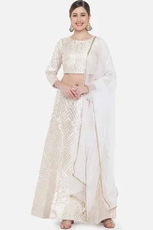 DIVASTRI Women White & Gold-Toned Woven Design Semi-Stitched Lehenga & Blouse with Dupatta