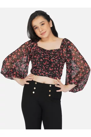 Antheaa Black Floral Print Smocked Chiffon Blouson Crop Top