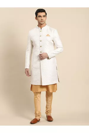 KISAH Men Golden & White Kurta Indowestern Sherwani Set