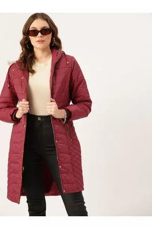 DressBerry Women Maroon Solid Hooded Longline Parka Jacket